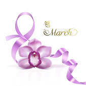 symbol of March 8 with a purple Orchid flower on a white background