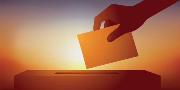 Symbol of the presidential election with an elector depositing his ballot in the ballot box. The concept of leadership and democratic election of a candidate with the hand of a voter holding their ballot before slipping it into the ballot box. bills patriots stock illustrations