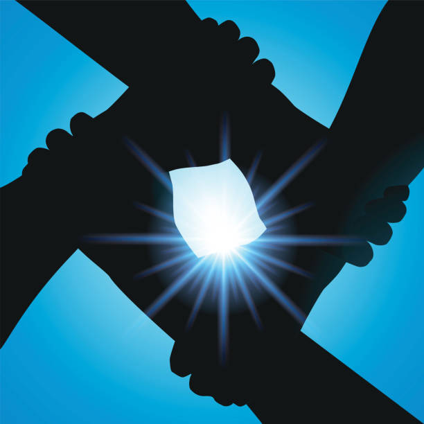 Symbol of the union between four partners with hands crossed at sunset. Concept of solidarity and friendship, with four intertwined arms that symbolize fraternity and partnership, in front of a setting sun. coalition stock illustrations