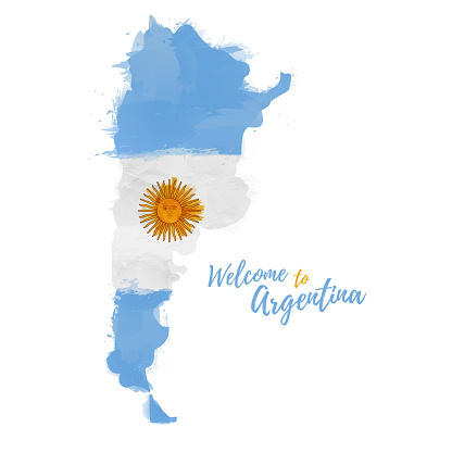 Symbol, poster, banner the Argentine. Map of Argentine Republic with the decoration of the national flag. Style watercolor drawing. La Argentina map with national flag. Vector.