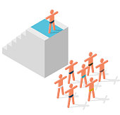 Symbolism of leadership, lecture speech to audience. Danger of suicide by jumping from height. Stylized human figures on podium. Vector cube shape evoking ascending staircase
