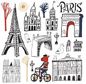 Vector file of hand drawn Paris buildings and monuments