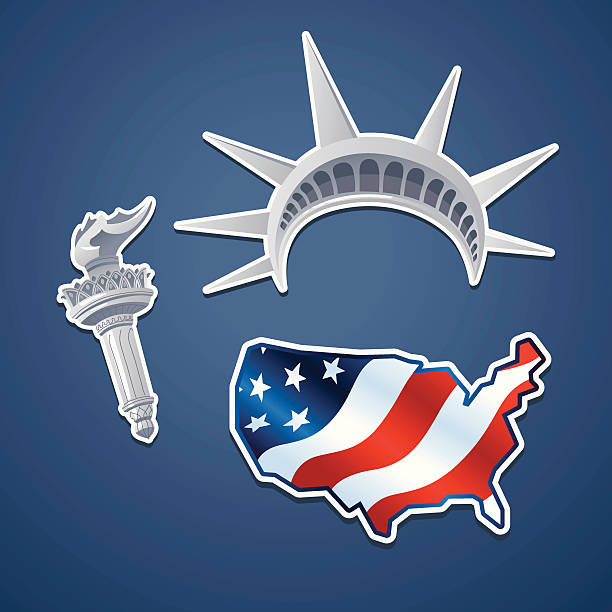 Symbols of liberty Statue of liberty torch, statue of liberty diadem and United states map with usa flag icons. Democracy, independence and freedom stickers. cartoon of a statue of liberty free stock illustrations