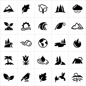 A set of common nature symbols. The icons include trees, mountains, leaves, weather, clouds, snow, plants, growth, ocean, sun, waves, river, wind, planet earth, lakes, fire, palm tree, flower, water, rain drop, birds, desert and humming bird to name a few.