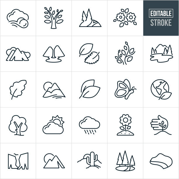 A set of nature symbols that include editable strokes or outlines using the EPS vector file. The icons include wind, cloud, tree, flowers, mountains, snow capped mountains, mountain range, leaves, plant, lake, waterfall, butterfly, earth, sun, rain cloud, rain, growing flower, cliffs, cactus, desert and coastline to name a few.