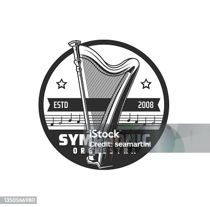 istock Symphonic orchestra icon, music concert harp notes 1350566980
