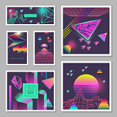 Synth Wave Poster Templates Set. Futuristic Background with Neon Glowing Geometric Elements. Holographic Design for Banners, Fabric, Flyers. Vector illustration
