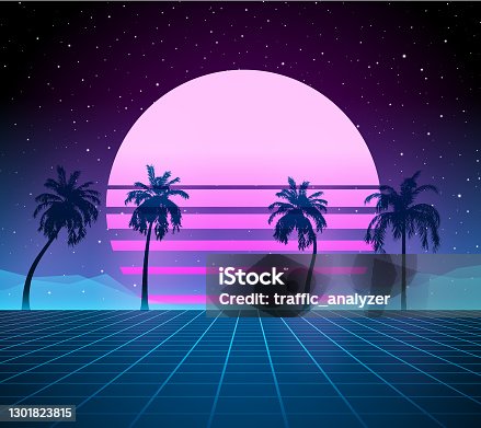 istock Synthwave retro background - palm trees 1301823815