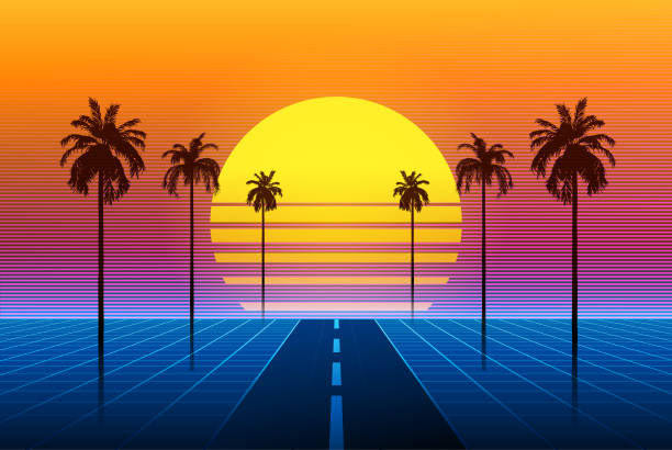 Synthwave retro background - palm trees vector art illustration