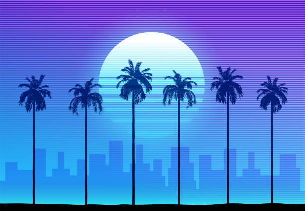 Synthwave retro background - palm trees vector art illustration