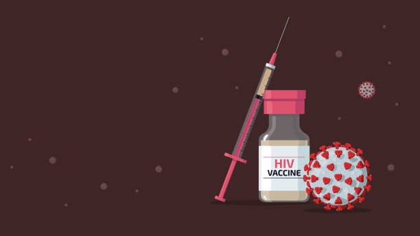 A syringe and a bottle containing experimental vaccine for HIV Detailed flat vector illustration of a needle and bottle containing experimental vaccine for HIV. Viruses floating around in the air. aids stock illustrations