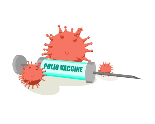 Syringe and viruses Syringe with flu shot text. Abstract image relative to vaccination. Virus models and syringe with vaccine. polio stock illustrations