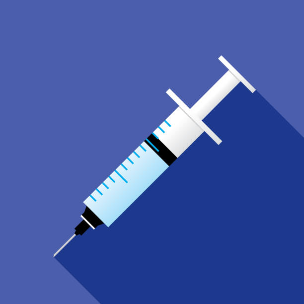 Syringe icon Vector illustration of a syringe with shadow on a blue background. medical injection stock illustrations