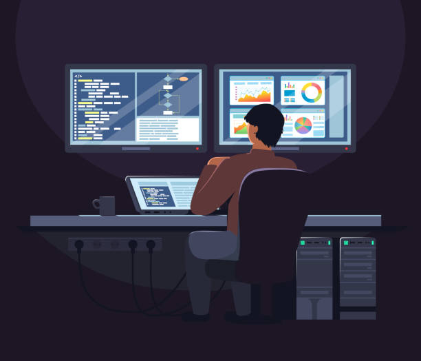System administrator, software developer working on laptop computer in office, flat vector illustration. System administrator, programmer male cartoon character sitting at table in front of computer, flat vector illustration. Software developer working on laptop in office. Computer coding and programming developer stock illustrations