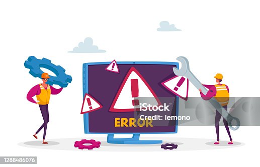 istock System Error, Website Under Construction. 404 Page Maintenance. Tiny Male Workers Characters in Uniform with Wrench 1288486076