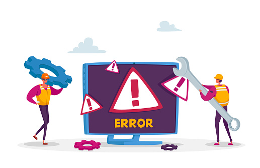 System Error, Website Under Construction. 404 Page Maintenance. Tiny Male Workers Characters in Uniform with Wrench Repairing Network Problem. Web Page Not Found. Cartoon People Vector Illustration