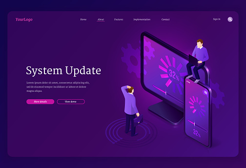 System update isometric landing page, web banner