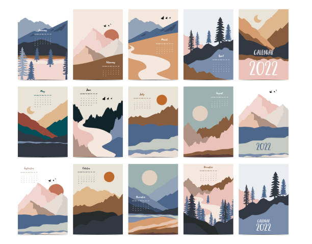 2022 table calendar week start on Sunday with mountain,landscape that use for vertical digital and printable A4 A5 size 2022 table calendar week start on Sunday with mountain,landscape that use for vertical digital and printable A4 A5 size calendar backgrounds stock illustrations