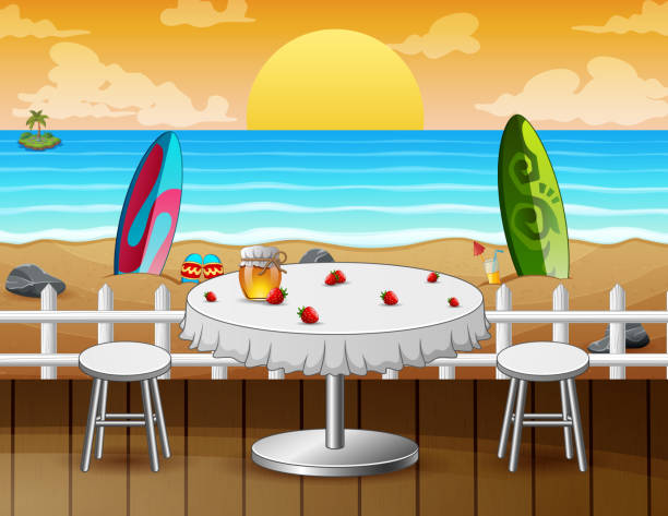 stockillustraties, clipart, cartoons en iconen met lijst op strand voor een romantische datum bij seascapeachtergrond - sunset dining