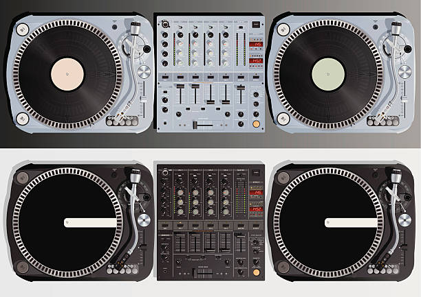 DJ Table Realistic DJ Table with turntables, mixer and vinyl records. turntable stock illustrations