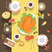 Table with the chicken or turkey and bread top view. Meal on the wooden table. White dishes and coffee cups. Vector illustration in cartoon style.