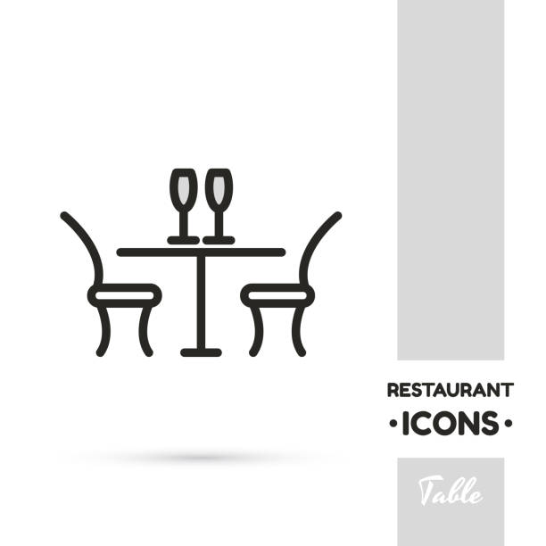 Table_Restaurant_Icon_Collection Monochrome linear icon. Stylized restaurant table. One image of series Restaurant icons. Vector illustration. Can be used for applications and websites date night stock illustrations