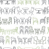 istock Tables and chairs. Vector seamless pattern. 1204770524