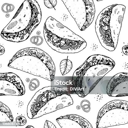 istock Tacos seamless pattern, hand drawn illustration. Mexican cuisine. Fast food menu design. Tacos hand drawn. Mexican food. 1366087141