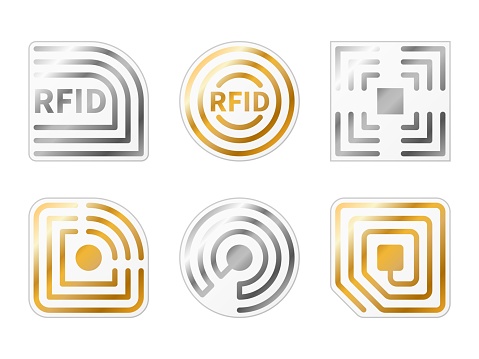 RFID tags. Golden, silver radio chips icons. Metallic identification electromagnetic label templates. Electronic shopping badges. Signs of wireless reader frequence. Vector stickers set