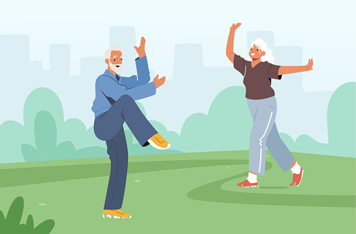 Tai Chi Classes for Elderly People. Senior Characters Exercising Outdoors, Healthy Lifestyle, Body Flexibility Training