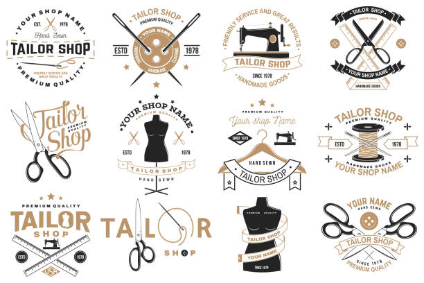 Tailor shop badge. Vector. Concept for shirt, print, stamp label or tee. Vintage typography design with sewing needle and scissors silhouette. Retro design for sewing shop business Set of tailor shop badges. Vector illustration Concept for shirt, print, stamp label or tee. Vintage typography design with sewing needle and scissors silhouette. Retro design for sewing shop business sewing stock illustrations