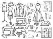 istock Tailoring and dressmaking vector sketch icons 1031258322