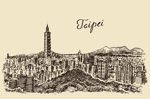 Taipei skyline Taiwan engraved illustration sketch