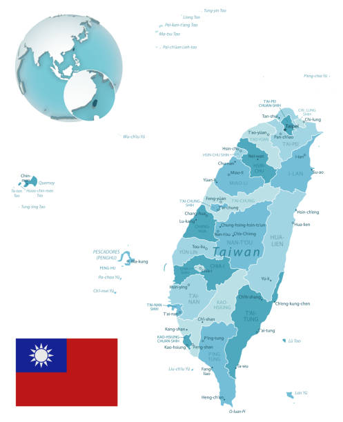 illustrazioni stock, clip art, cartoni animati e icone di tendenza di mappa amministrativa blu-verde di taiwan con bandiera e posizione su un globo. - taiwan
