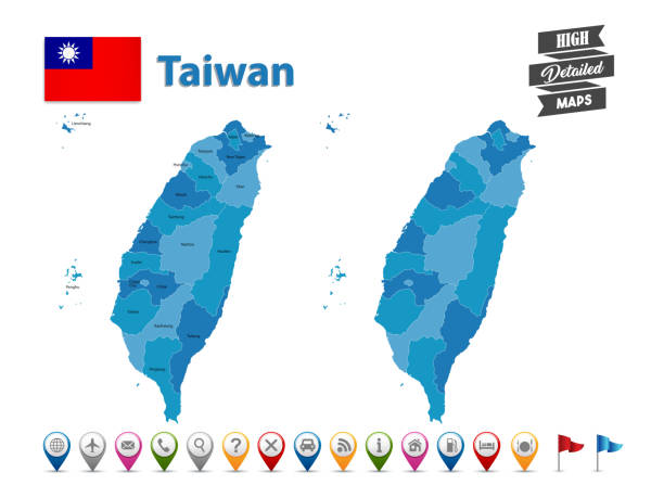illustrazioni stock, clip art, cartoni animati e icone di tendenza di taiwan - mappa dettagliata con raccolta di icone gps - taiwan