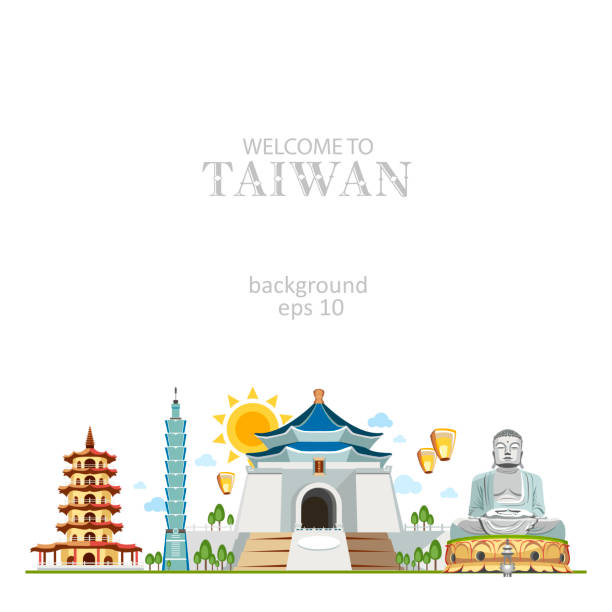 illustrazioni stock, clip art, cartoni animati e icone di tendenza di sfondo panoramico di taiwan con attrazioni tradizionali dell'architettura country - taiwan