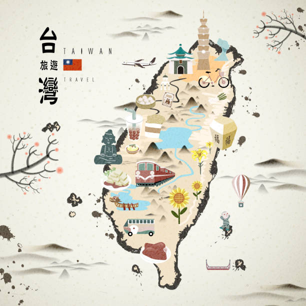 illustrazioni stock, clip art, cartoni animati e icone di tendenza di taiwan viaggio mappa - taiwan