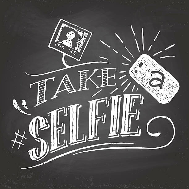 Take a selfie on blackboard Take a selfie motivation quote hand-lettering on blackboard background with chalk selfie patterns stock illustrations