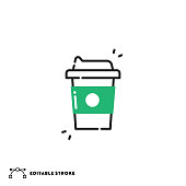 istock Take Away Coffee Cup Flat Line Icon with Editable Stroke 1344075416