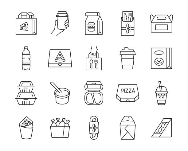 Take away food and drink thin line icon set Take away food and drink thin line icon set. Fast food package. Delivery service vector collection. Editable stroke. lunch box stock illustrations
