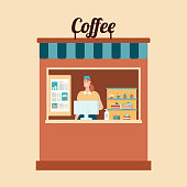 Take away food. Coffee and hygiene. Flat vector illustration. Vector illustration. Barista on cafe. Festival or creative space