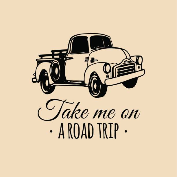 Take me on a road trip quote with old pickup sketch. Vintage retro automobile icon. Vector inspirational poster. Take me on a road trip motivational quote with old pickup sketch. Vintage retro automobile icon. Vector typographic inspirational poster. Hand drawn car illustration for store, garage etc. truck drawings stock illustrations
