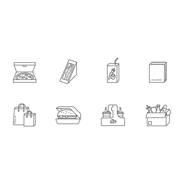 Takeaway food pixel perfect linear icons set. Customizable thin line symbols. Carry out packages. Fast food delivery. Packed pizza, sandwich. Takeout lunch. Vector outline drawing. Editable strokes Takeaway food pixel perfect linear icons set. Customizable thin line symbols. Carry out packages. Fast food delivery. Packed pizza, sandwich. Takeout lunch. Vector outline drawing. Editable strokes burger wrapped in paper stock illustrations