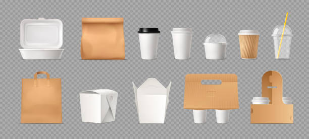 takeout fastfood package realistic transparent Fast food package transparent set with paper bags and boxes and plastic cups realistic vector illustration box container stock illustrations