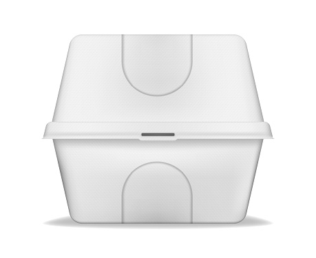 Takeout food container with clamshell hinged lid, realistic vector mockup. Disposable carry out lunch box, mock-up. White blank natural, plant-based eco package template