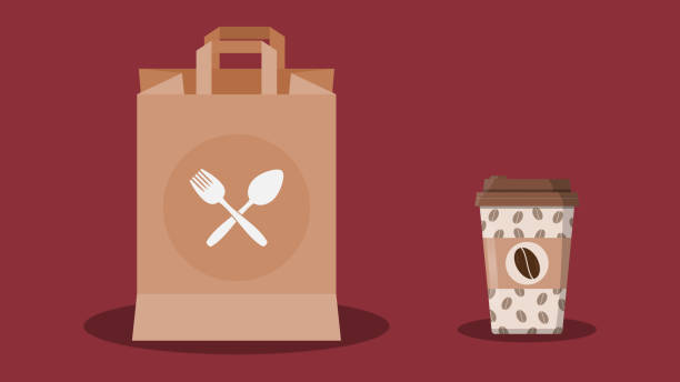 Takeout food, takeway food in brown paper bag, coffee in a disposable coffee cup. Fast food delivery concept. Takeout food, takeway food in brown paper bag, coffee in a disposable coffee cup. Spoon and fork figures on paper bag, coffee bean figure on coffee cup. Fast food delivery concept. Red background. food state stock illustrations