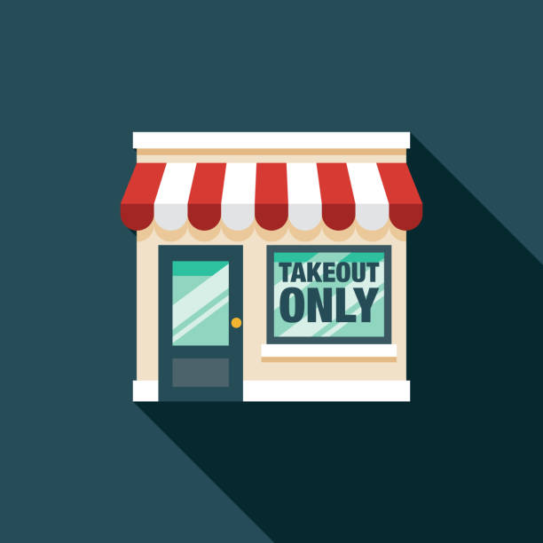 Takeout Only Restaurant New Normal Icon A flat design ‘new normal’ coronavirus icon with long side shadow. File is built in the CMYK color space for optimal printing. Color swatches are global so it’s easy to change colors across the document. store clipart stock illustrations