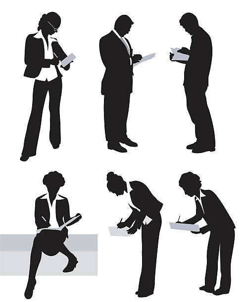 Taking Notes A vector silhouette illustration or business men and women reading and writing on documents.  Three people are standing, one woman sits, and two others are hunched over signing documents. writing activity silhouettes stock illustrations