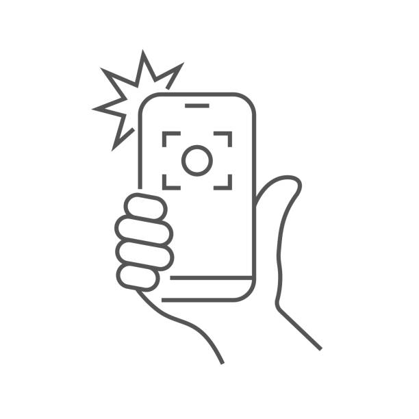 Taking selfie on smartphone concept creative icon selfie label. vector art illustration