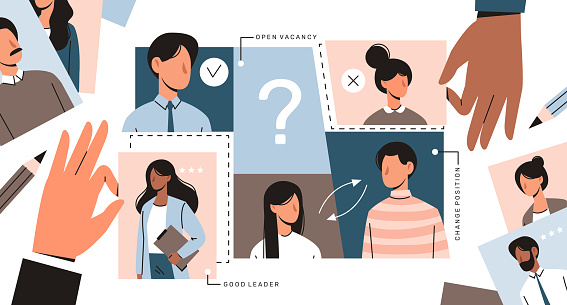 Talent management and find company employee with skills. Selection of human resources or search for suitable candidate for position. Hiring ambitious leader. Cartoon flat vector illustration